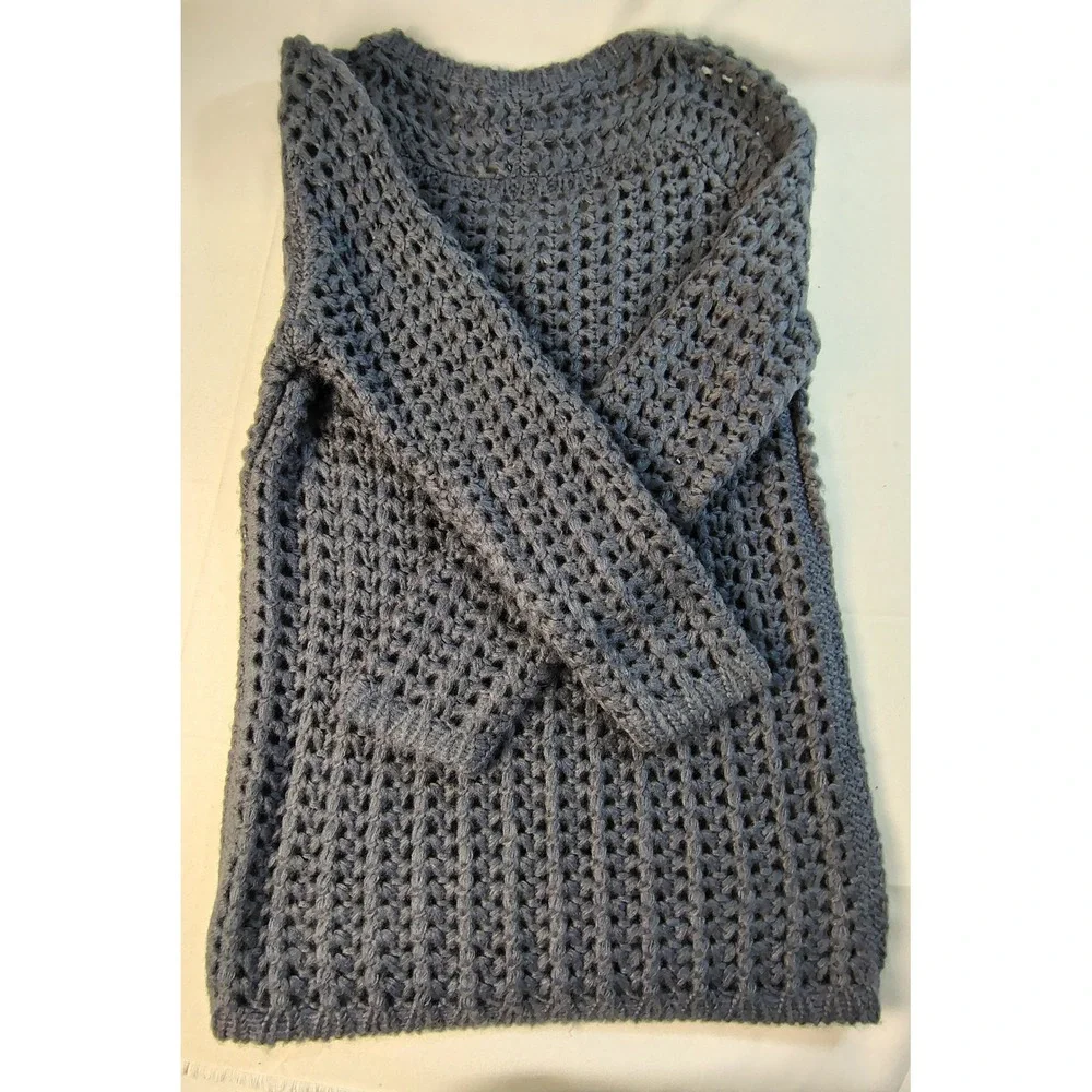 Chelsea & Theodore Blue Gray Open Knit Crochet V-Neck Pullover Boho Sweater Sz L